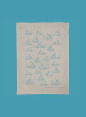 Linen tea towel - boat, blue