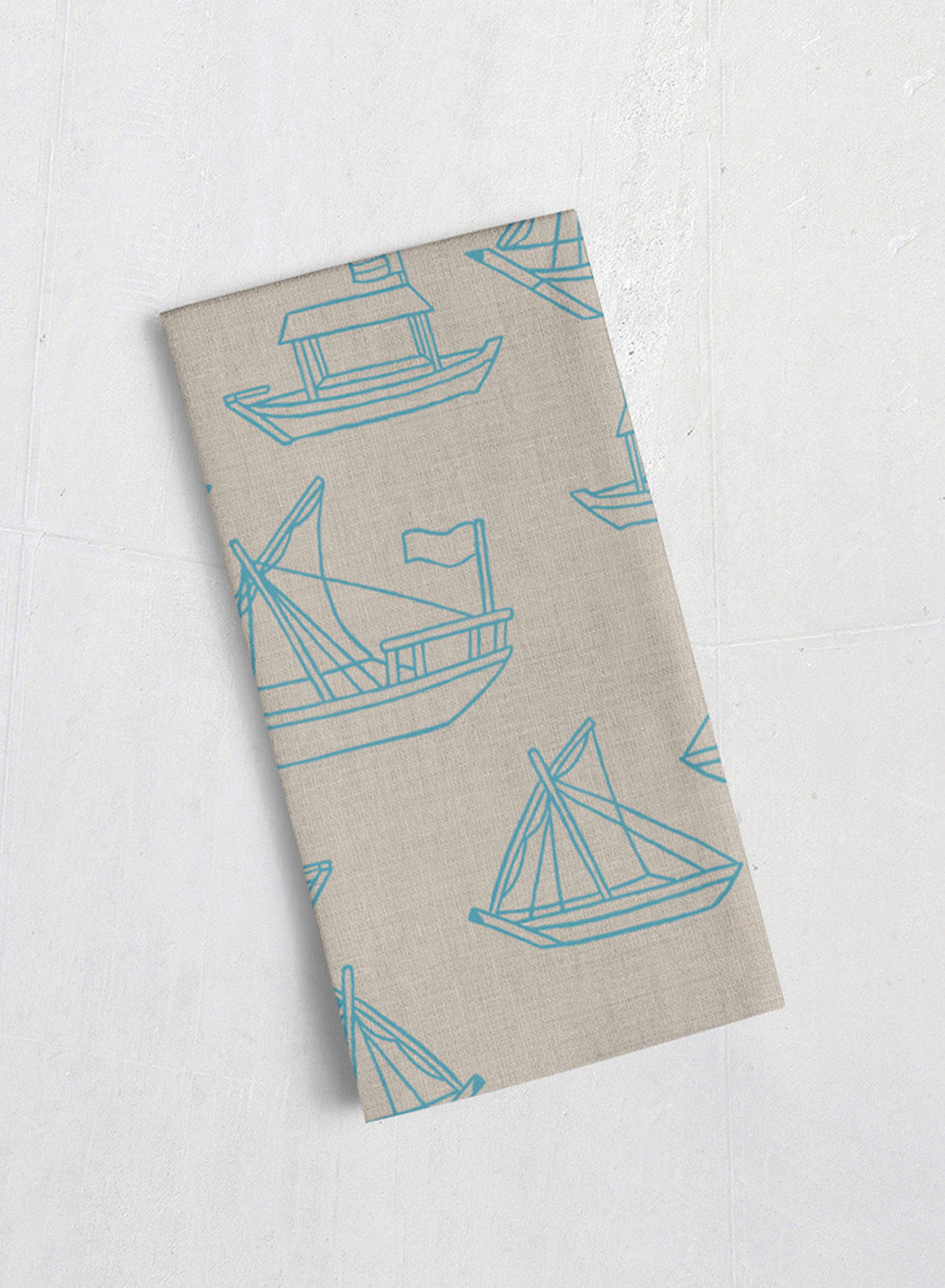 Linen tea towel - boat, blue