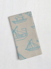 Linen tea towel - boat, blue