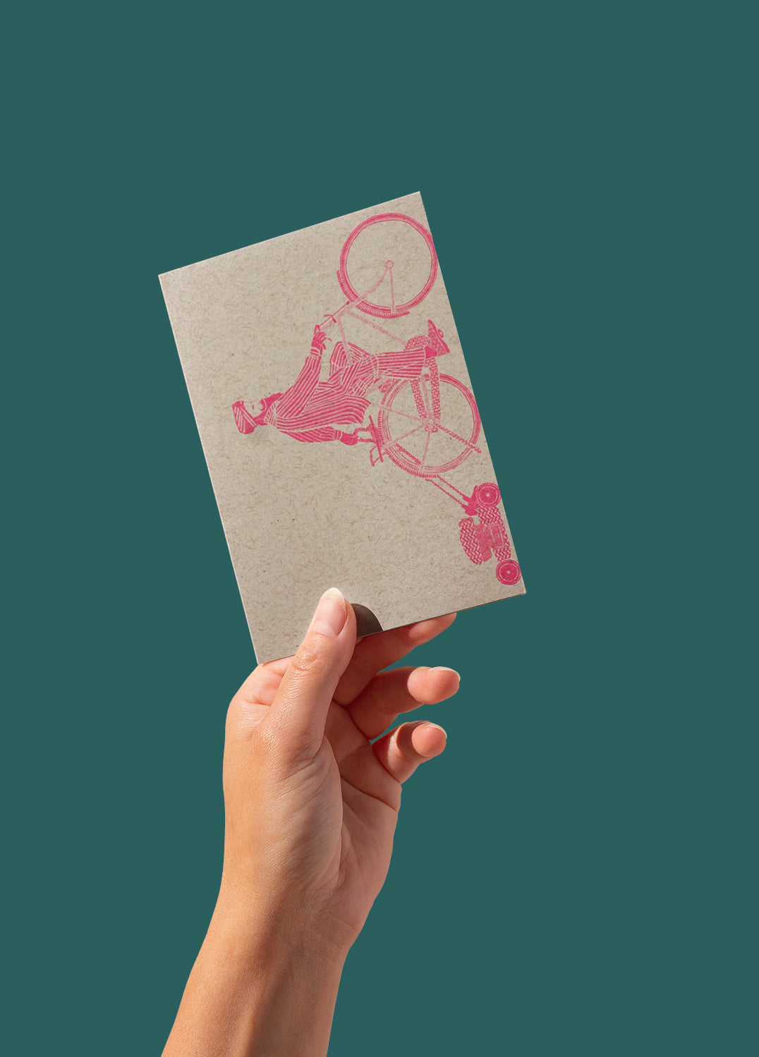 Postcard - Man on a bike, pink on kraft (single or set)