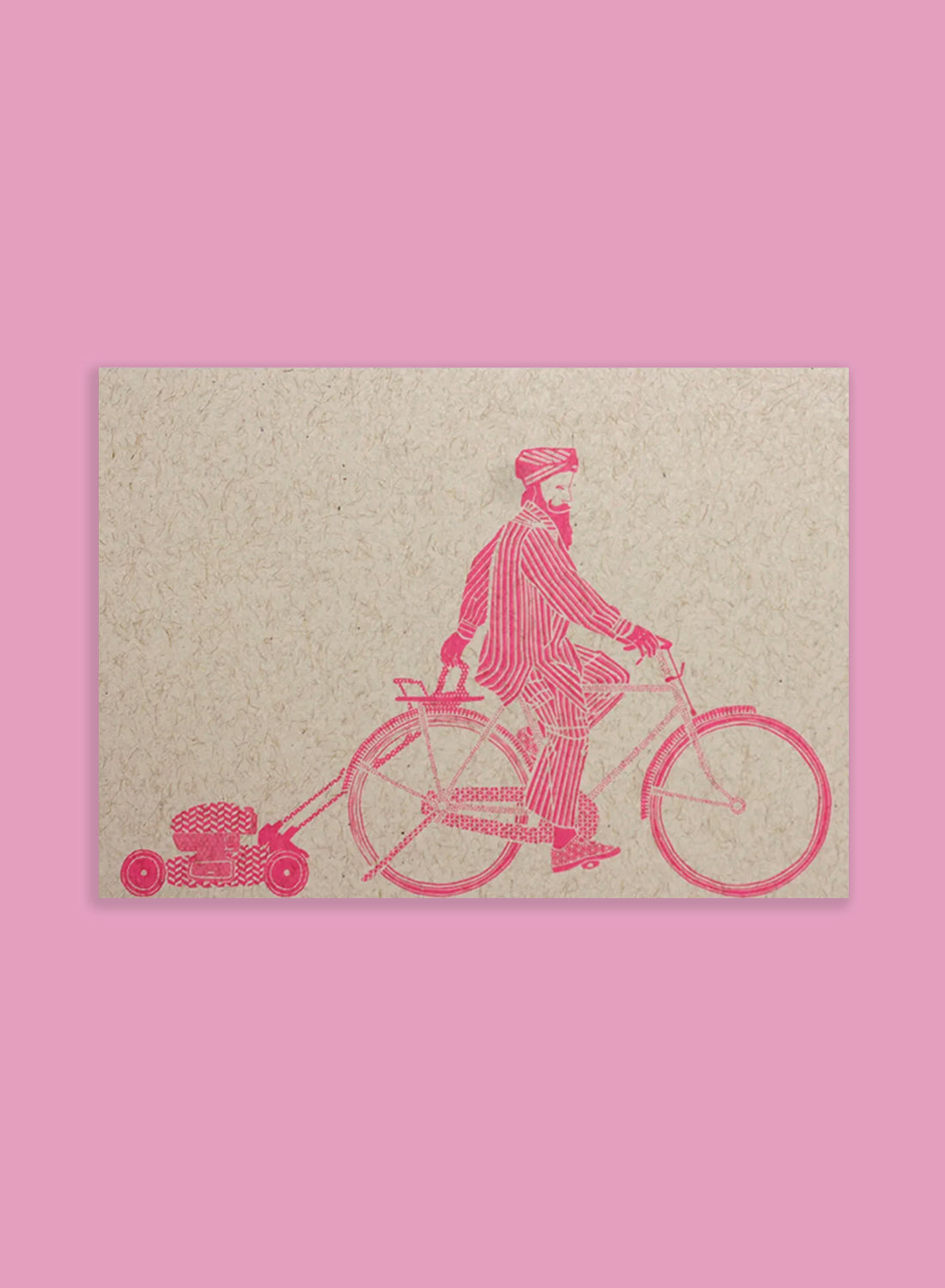 Postcard - Man on a bike, pink on kraft (single or set)