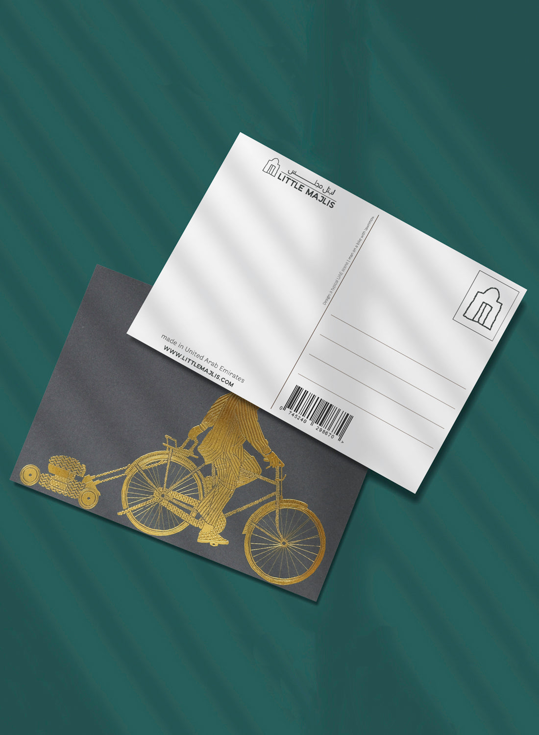 Postcard - Man on a bike, gold on grey (single or set)