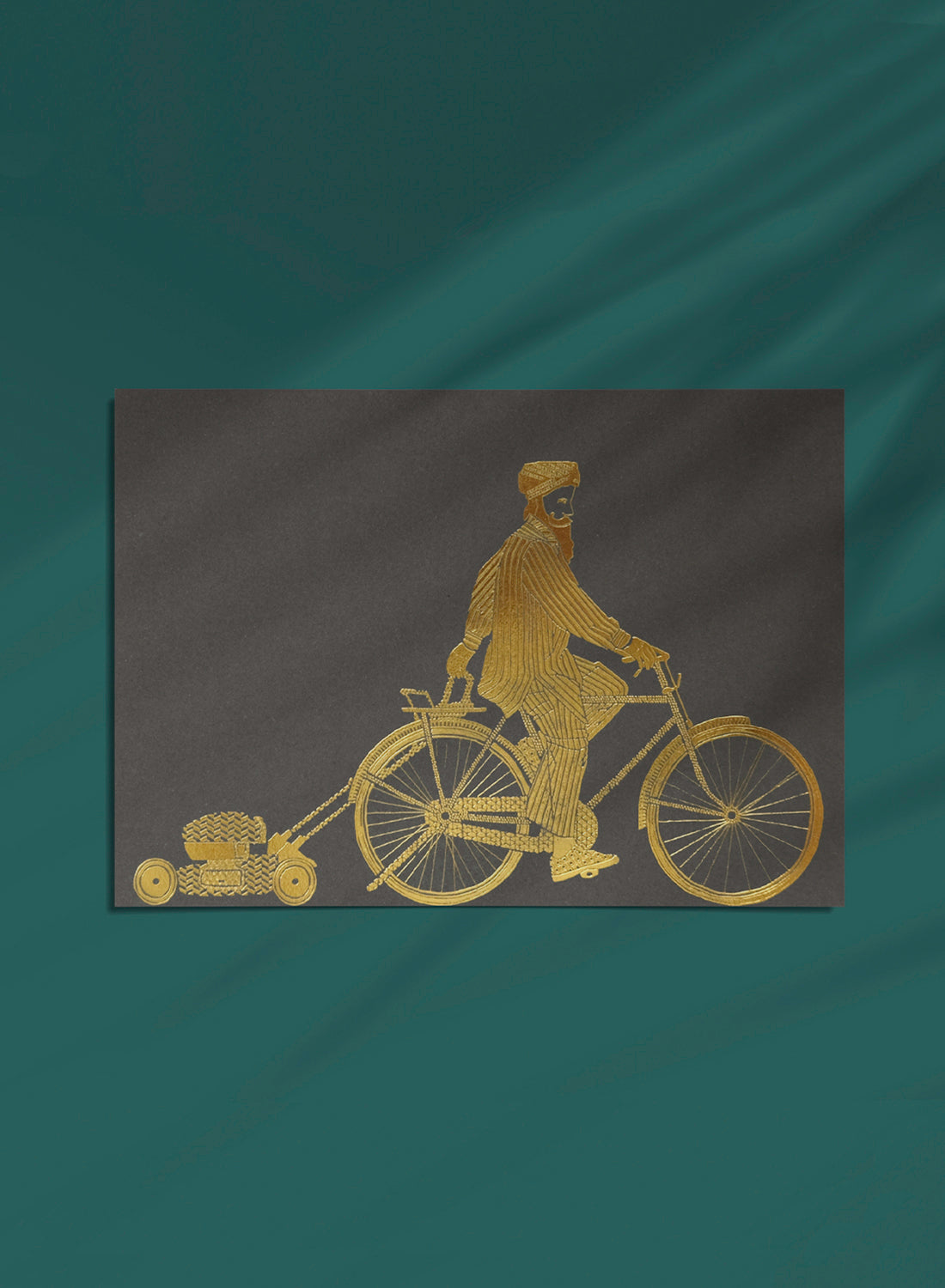 Postcard - Man on a bike, gold on grey (single or set)