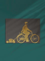 Postcard - Man on a bike, gold on grey (single or set)